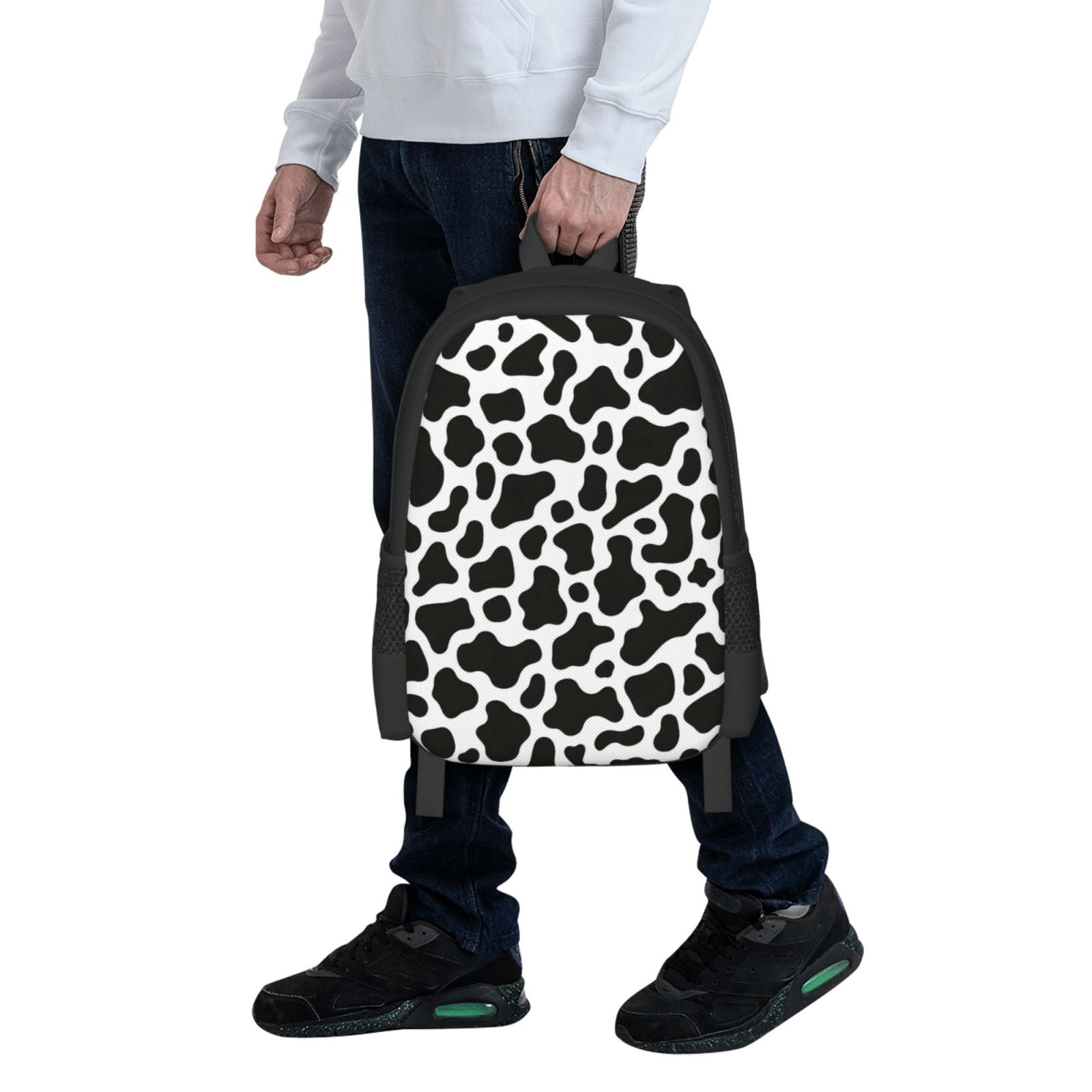 Large Capacity Backpack 16.5×12.5×5.5in Widened Shoulder Strap Design Main Bag Large Top Handle Belt Adjustable Shoulder Strap Black White Cow Print