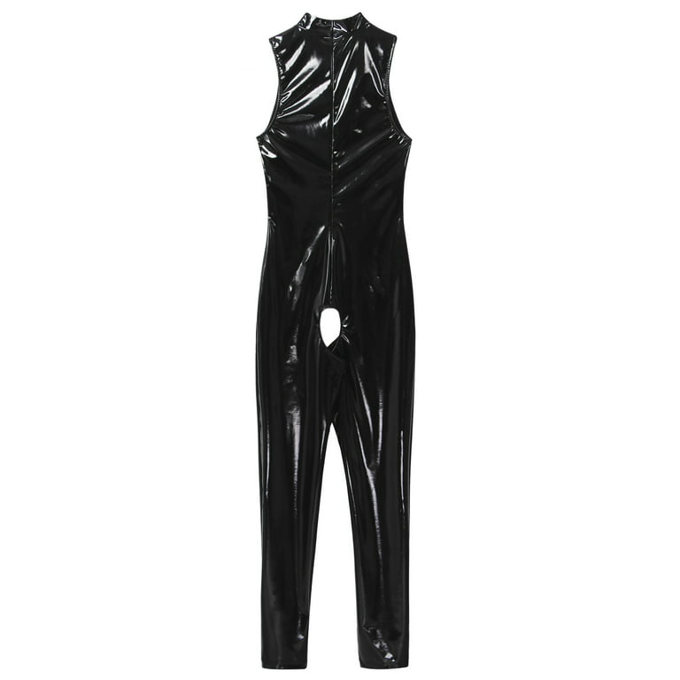Women Latex Catsuit Full Body Suit Crotchless Romper Fancy Costume Bodysuit  Club
