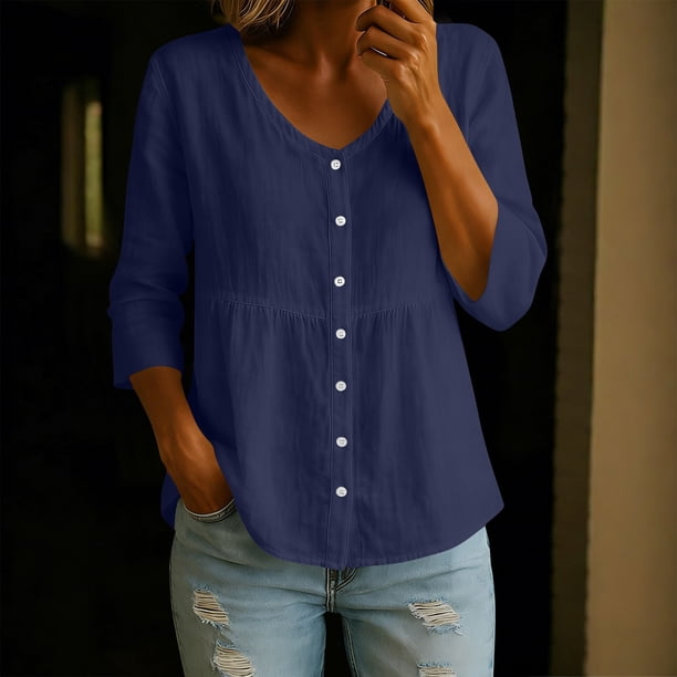 Craaazy Women Casual V Neck Blouse, Solid Color 3/4 Sleeve Button Down Shirt, Loose Fit Comfy Cotton Linen Top for Daily Wear Gifts