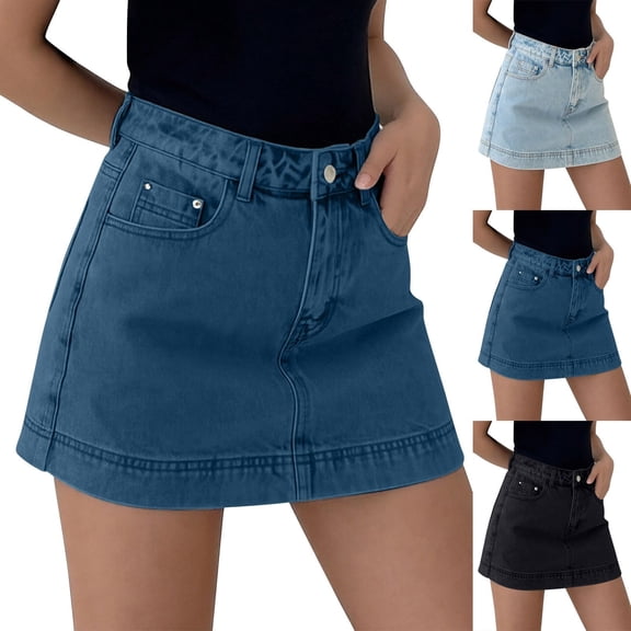 Breezora Women's Denim Skort High Waisted - Stretchy Jean Skirt with Shorts, Vintage Washed Casual Summer Bottom