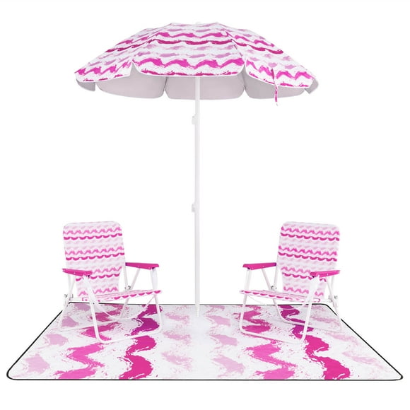 Costway Ensemble de 4 Pcs de Parasols de Plage avec 2 Chaises Pliables et Couverture de Pique-Nique, Mécanisme d'Inclinaison Rose
