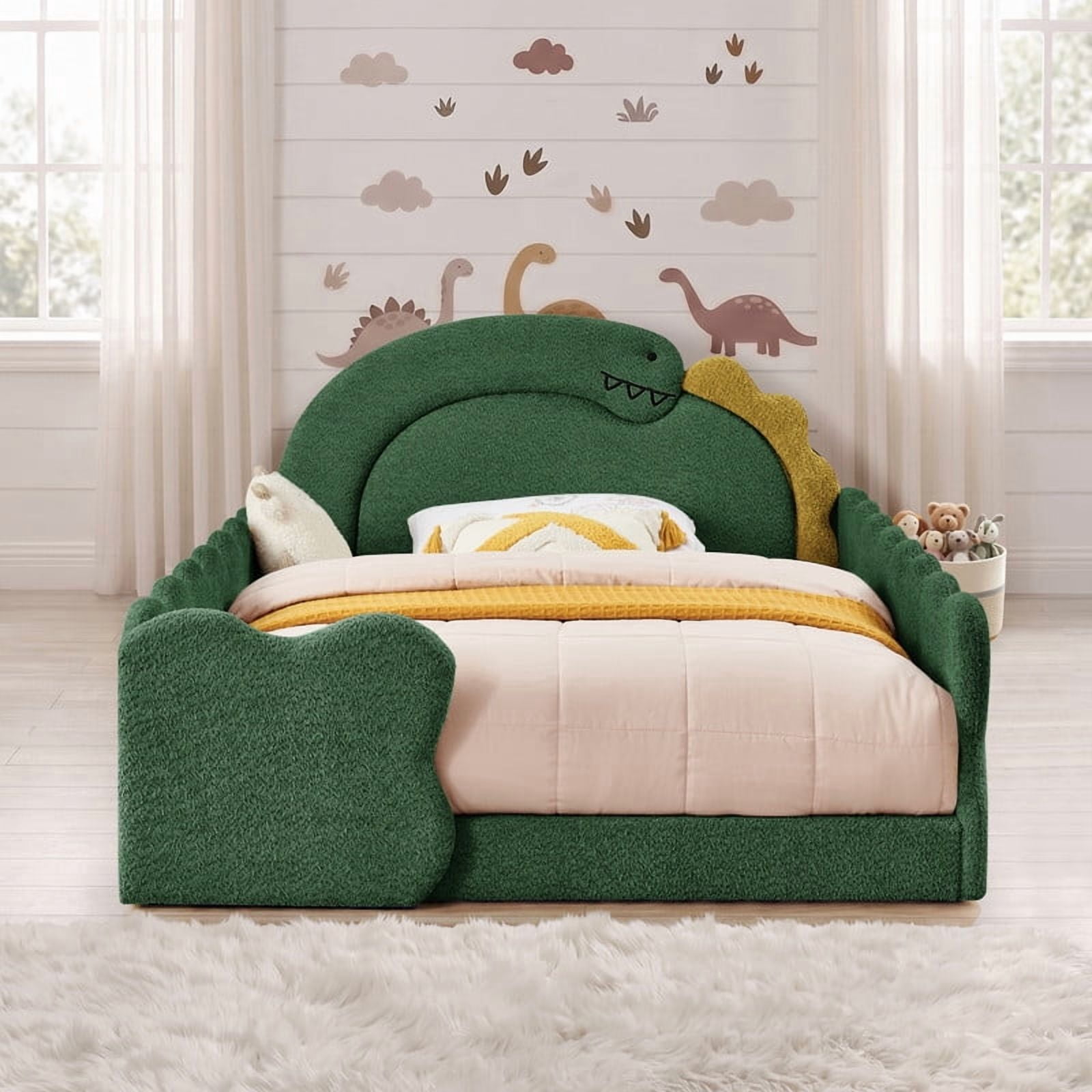 Full Size Kids Dinosaur-Shaped Platform Bed with Guardrails, Low-Profile Upholstered Boucle Fabric Playful Child Daybed Frame