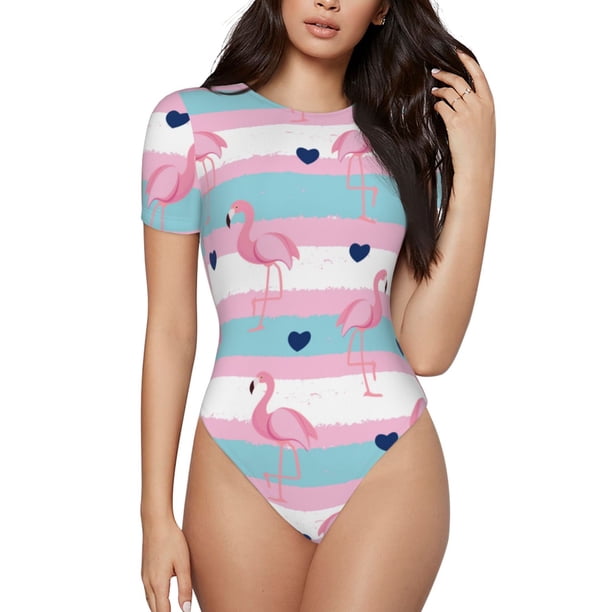 Balery Flamingo1 Body de cuello redondo de manga corta para mujer Tops de manga corta Tops básicos-Large