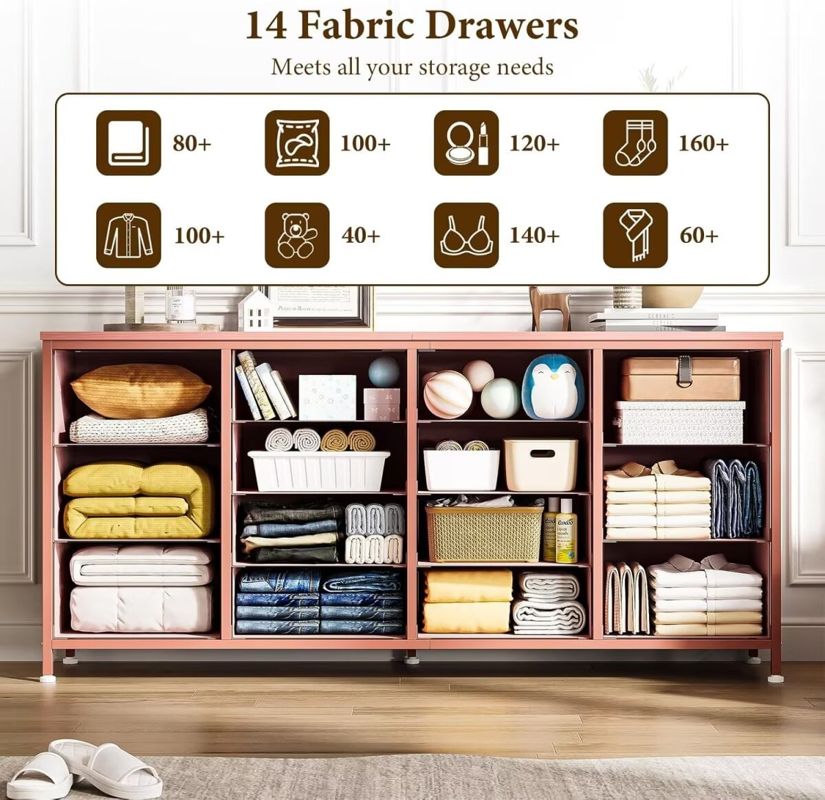 Dresser TV Stand for up to 75 Inch TV, 14 Drawer Dresser with Power Outlets & Wood Top, Long Fabric Dresser Organizer for Bedroom, Living Room, Entryway, Pink