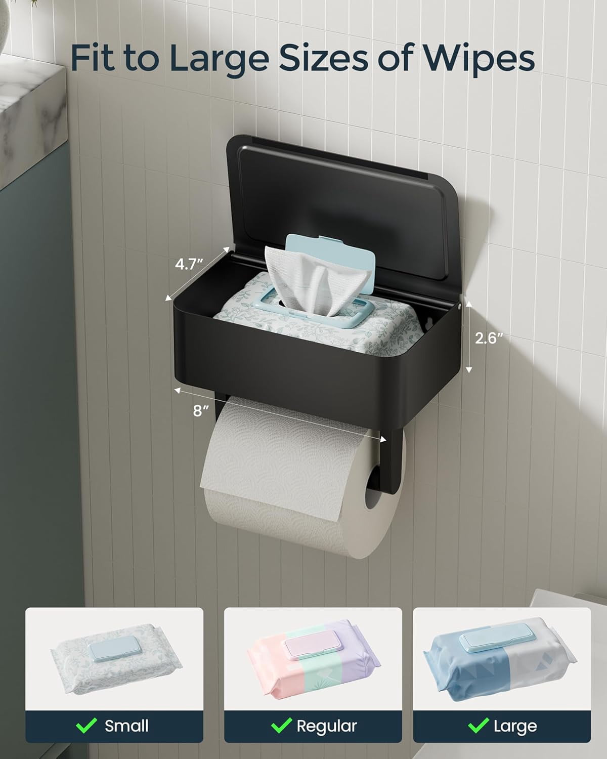 EP Toilet Paper Holder with Shelf - Flushable Wipes Dispenser & Storage Fits Any Bathroom, Keep Your Wet Wipes Hidden - Stainless Steel Wall Mount Bathroom Organizer -（Matte Black, Regular roll）