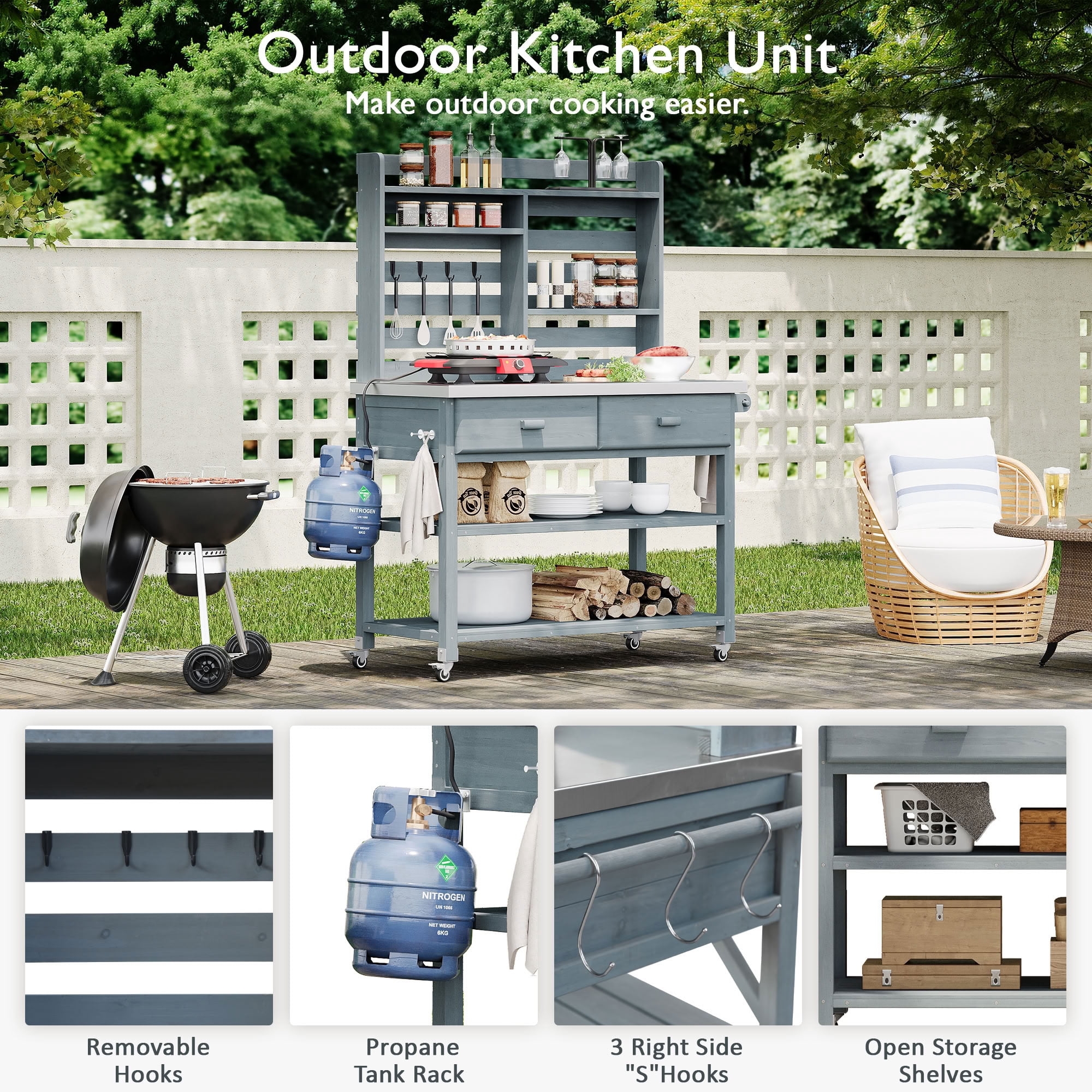 MAYEERTY Outdoor Potting Bench with Lockable Wheels, Wood Workstation with 2 Large Drawers, Towel Rack, Bottle Opener & Propane Tank Rack for Grilling, Gardening, Patio Lawn