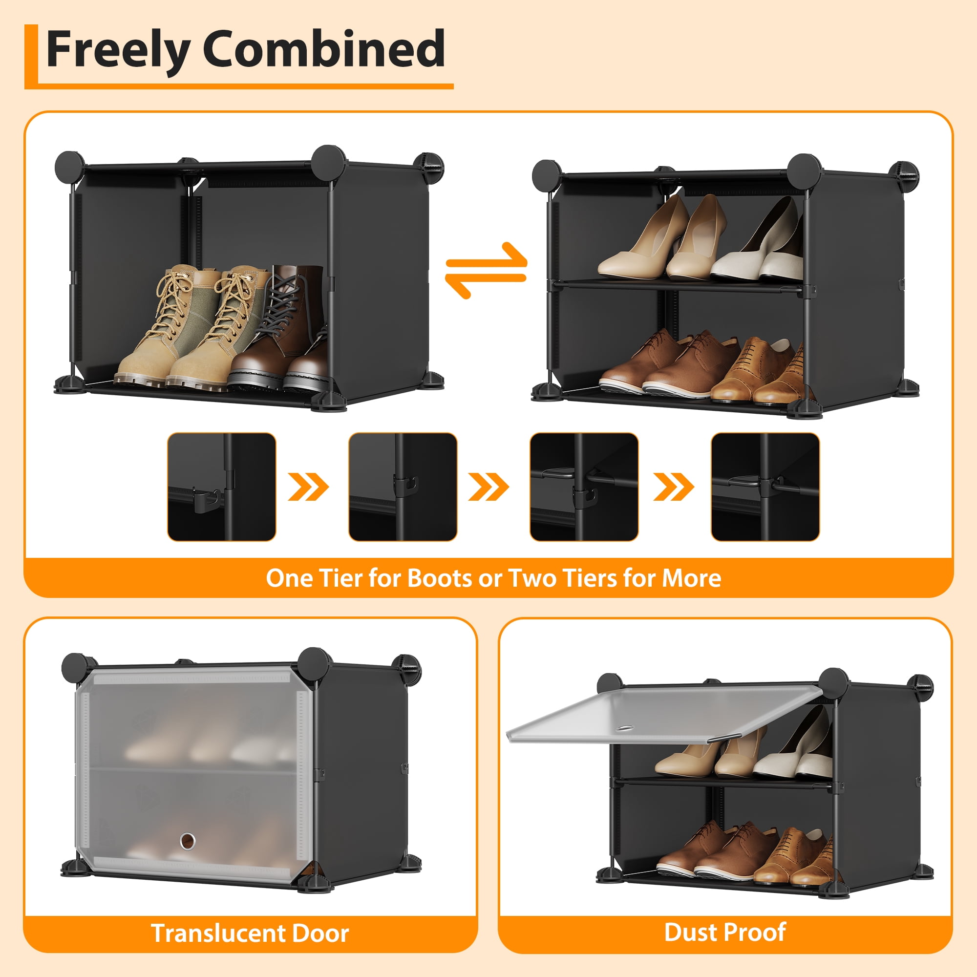 Modular 6-Cube Shoe Storage Cabinet with Doors – 6-Tier Plastic Shoe Organizer – Space-Saving – Easy DIY Assembly – for Entryway, Bedroom, Living Room – Black