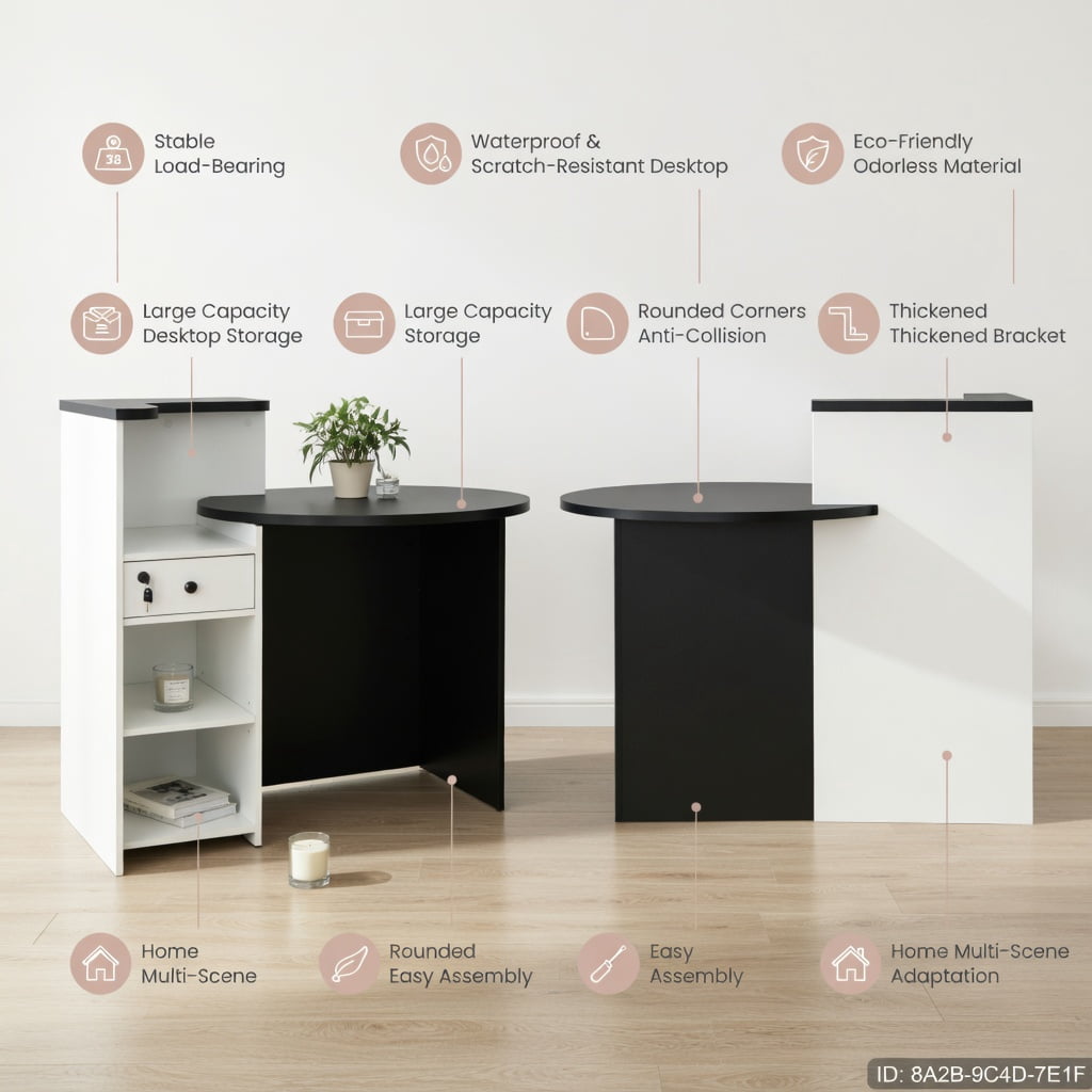Demi Bonn Front Reception Office Desk with Open Shelf and Lockable Drawer, Small Home Computer Desk Study Writing Table, Black + White