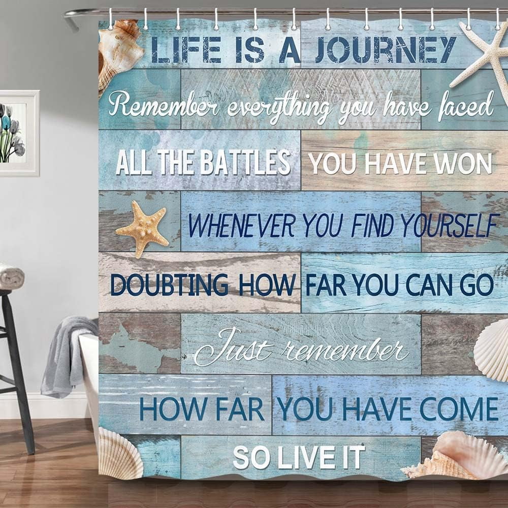 Beach Quotes Shower Curtain, Inspirational Motivational Starfish Seashell Ocean Theme Bathroom Curtain, Rustic Vintage Wood Nautical Coastal Fabric Waterproof Polyester with Hooks