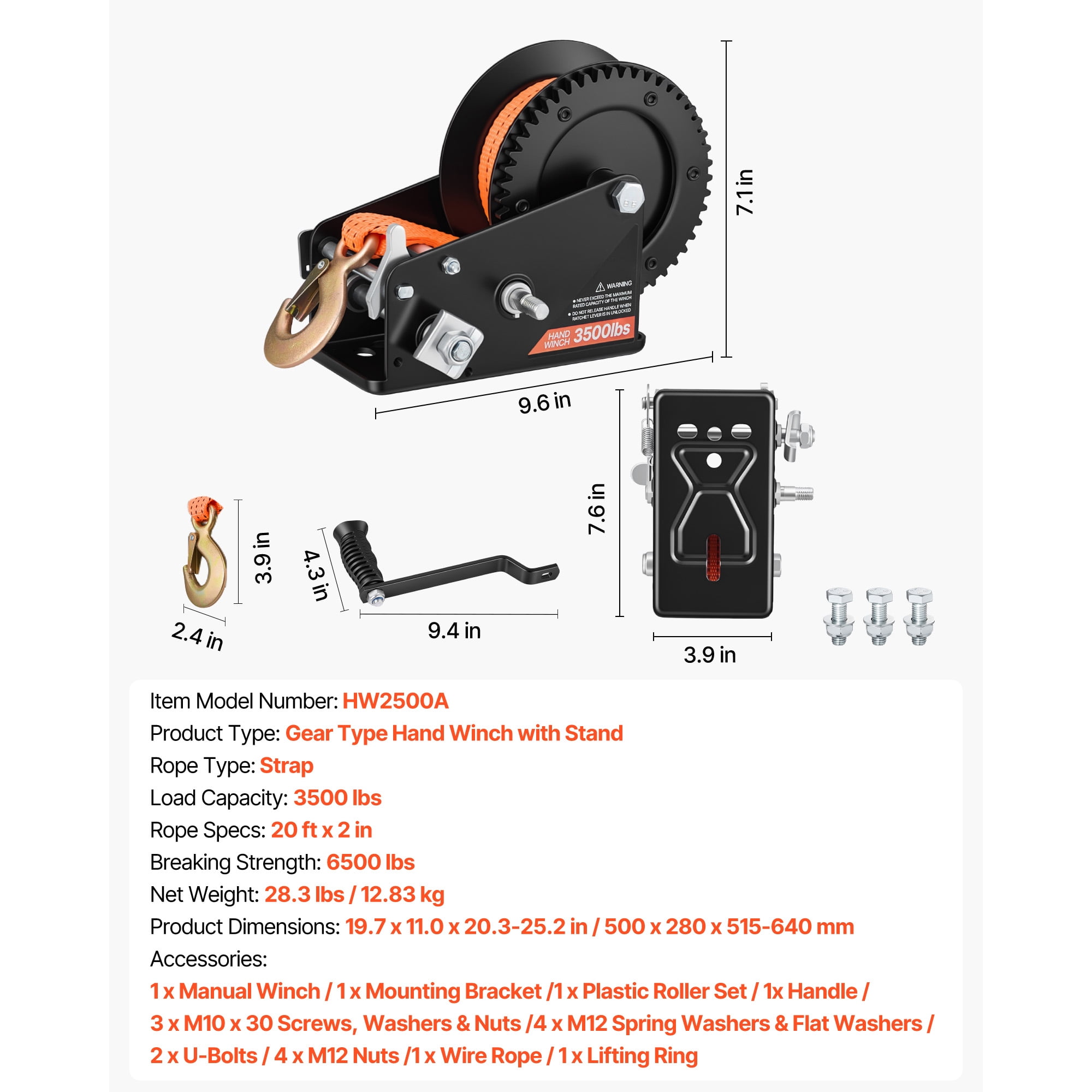 KFFKFF Boat Trailer Winch Stand with Roller, 3500 lbs Capacity, 20ft Durable Orange Polyester Strap, Winch Mount for 2-3 Inches Wide x 3-4 Inches High Trailer Tongue, Suitable for Jet Skis, Sailboats