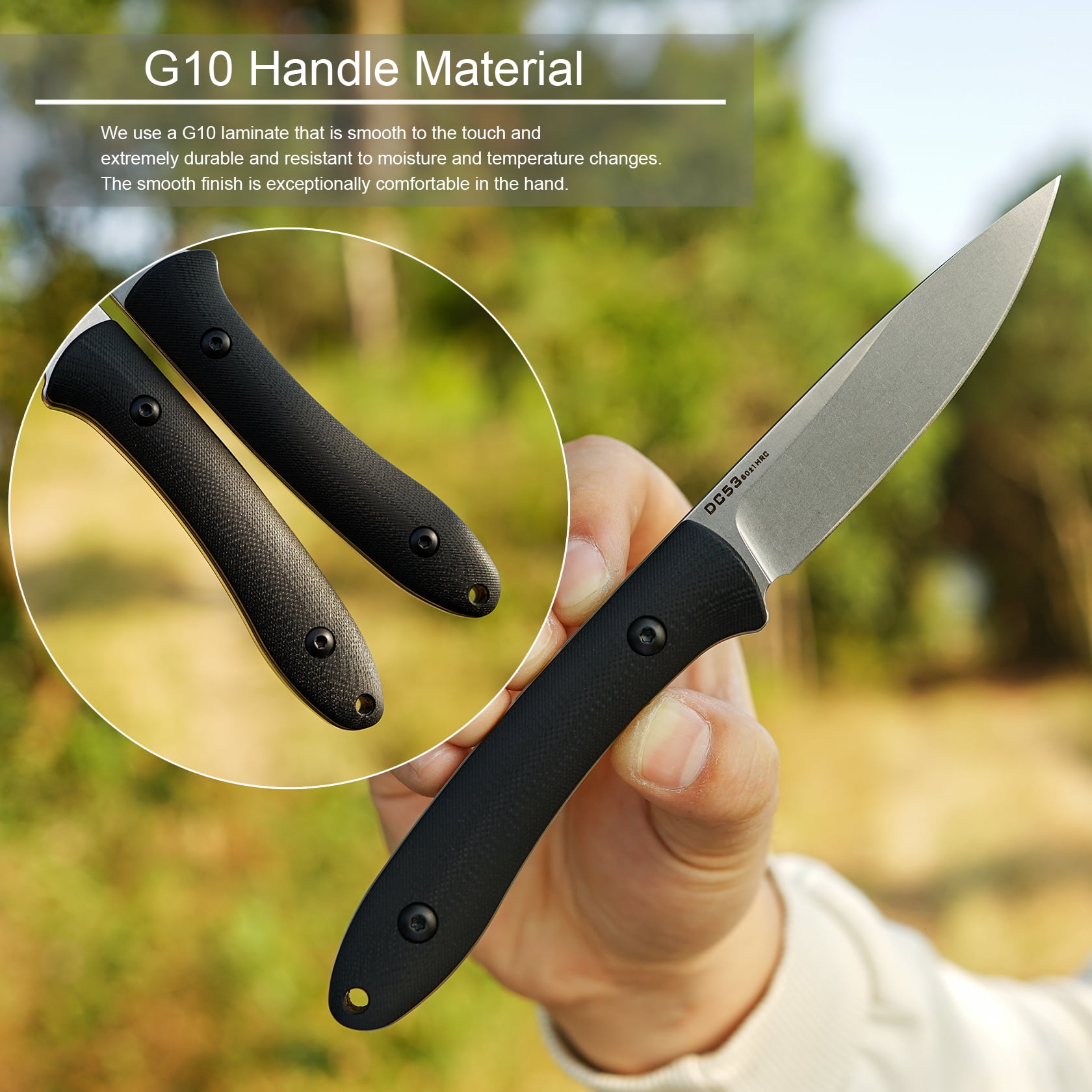 Small Fixed Blade Knife,3.27in DC53 Steel Blade and G10 Handle,with Kydex Sheath,Fixed EDC Tactical Knife for Men Women,Outdoor Hiking Camping Knives