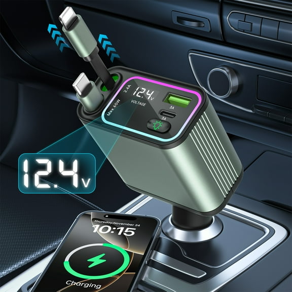 4 in 1 Retractable Car Charger with RGB Light, 66W Fast Charging Car Adapter with Lightning   Type C Cable & USB-C USB-A Port, Car Phone Charger for iPhone/Galaxy/Pixel, Car Accessories for Women Men