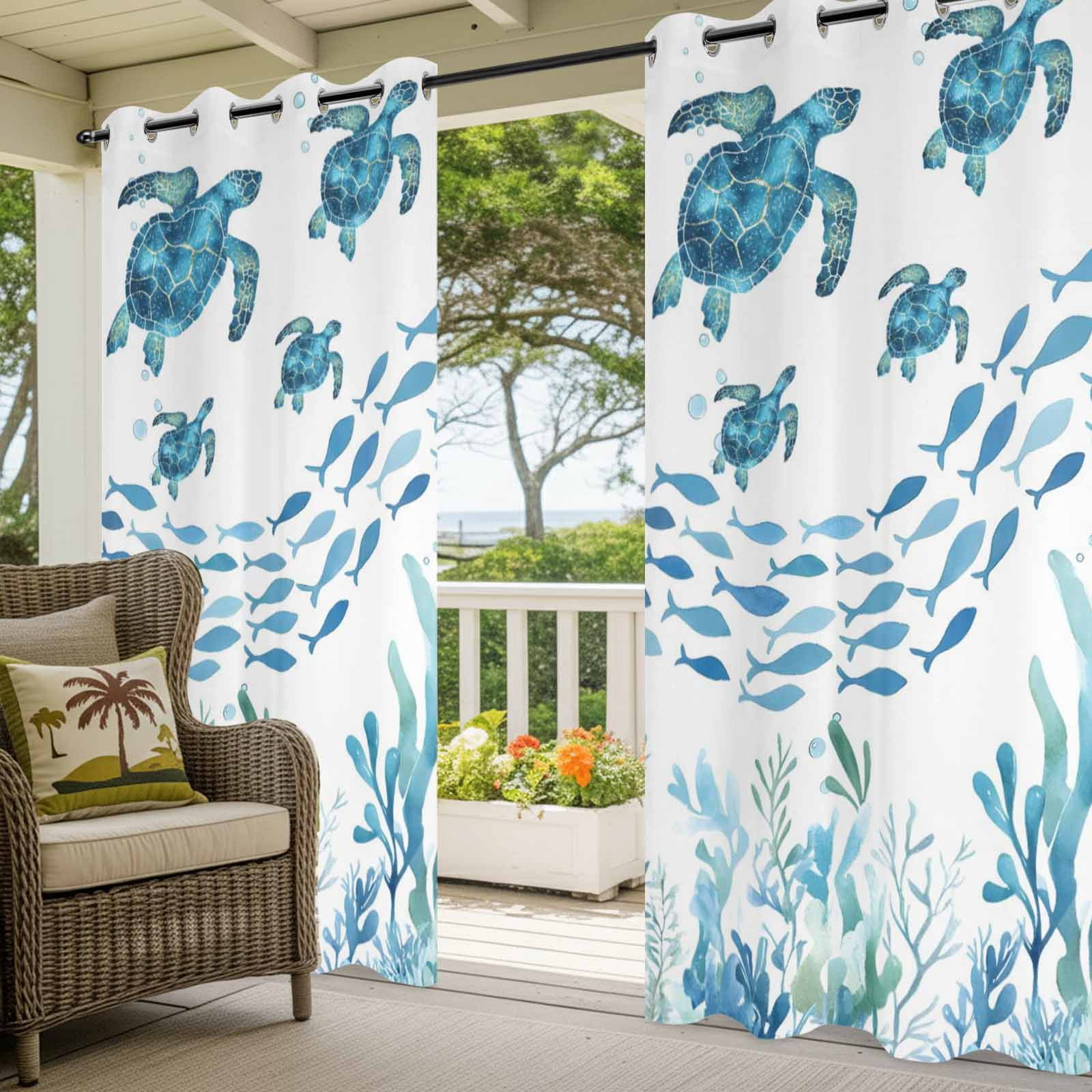 Sea Turtle Outdoor Curtains for Patio, Watercolor Ocean Blue Turtle Fish Seaweed Sunshade Privacy Drapes Grommet Waterproof Outside Curtains for Porch/Cabana/Balcony 54"x 95", 2 Panel