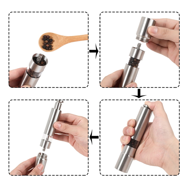 Manual Salt and Pepper Grinder Set Thumb Push Pepper Mill Stainless Steel Spice Sauce Grinders with Metal Holder