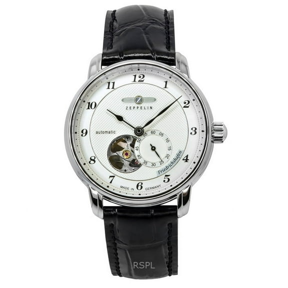 Zeppelin Friedrichshafen Leather Strap Silver Open Heart Dial Automatic 85664 Men's Watch