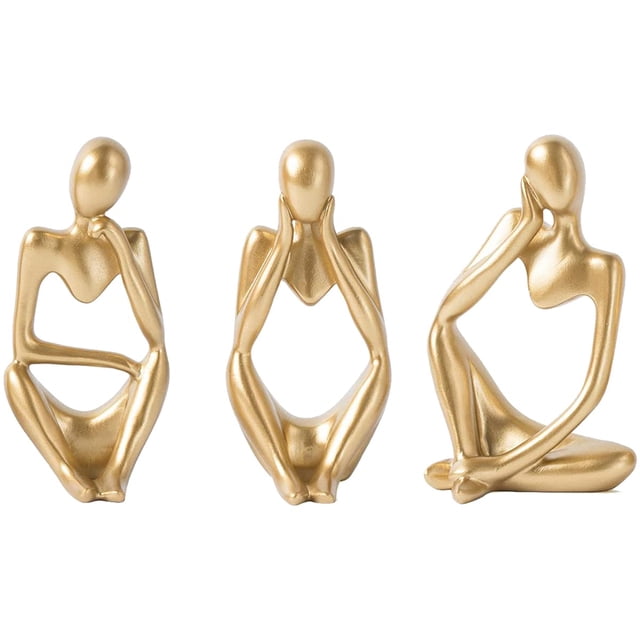 Estatua de pensador nórdico, 3 piezas, escultura de pensador abstracto, figura de pensador de resina, artesanía moderna, arte para decoración de escritorio de oficina y hogar (dorado)