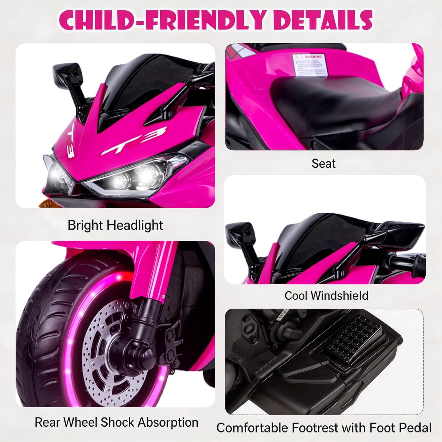 ZOGYMOZ Kids Motorcycle,12V Kids Electric Motorcycle with Training Wheels,Ride On Motorbike, Speed by Hand, Music Function, Max Load 88LB (Pink)