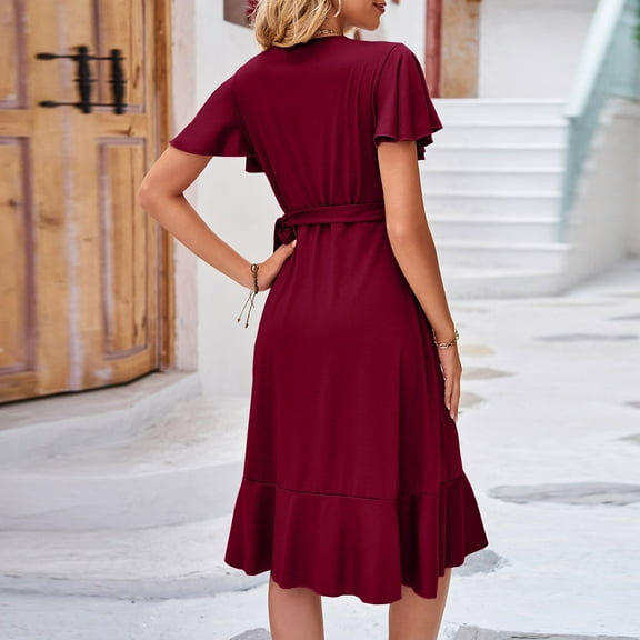 Homenesgenics Dresses for Women Womens Dresses Summer Women Sexy V-Neck Short Sleeve Lace Up Dress Irregular Tight Skirt Red S