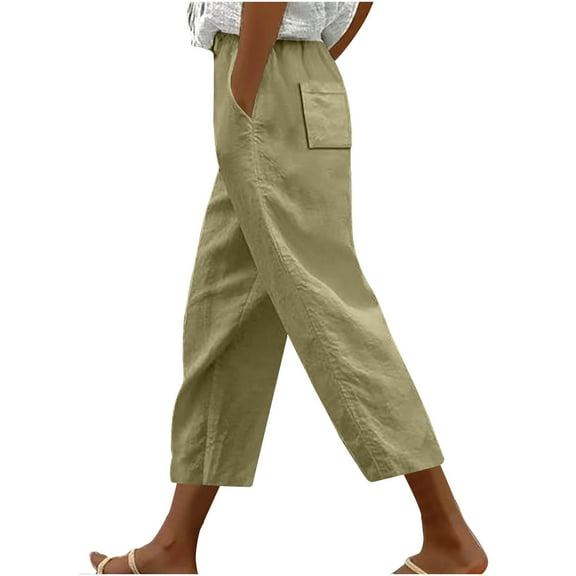 Lovskoo Capri Pants for Women Casual Loose Harem Pants with Drawstring Solid Color Lace Up Pockets Trendy Cropped Lounge Pants Khaki