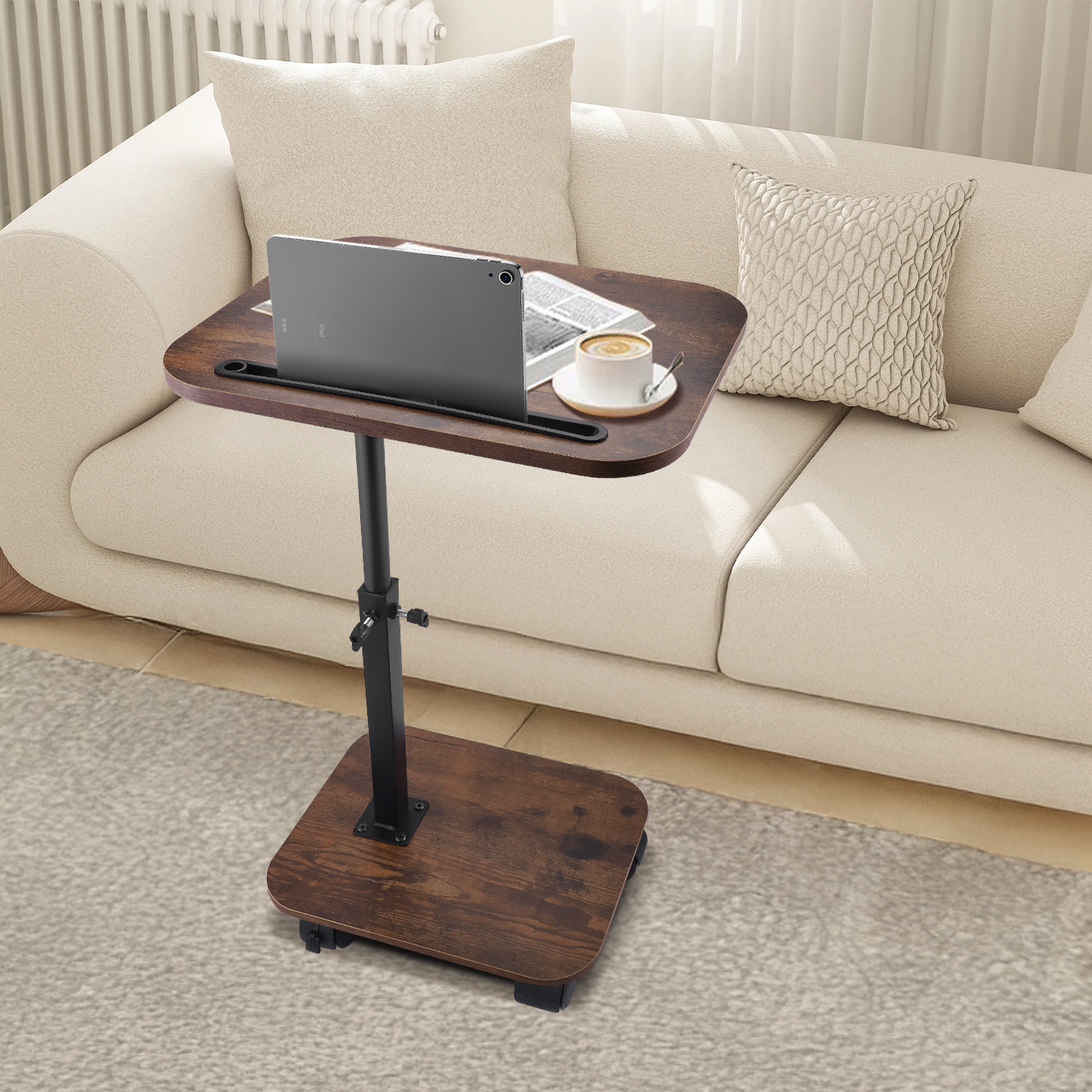 RELOIVE End Table,Side Table for Couch and Bed,Sofa C Shaped End Table for Small Spaces,Adjustable Height, 360° Swivel ,Walnut Brown