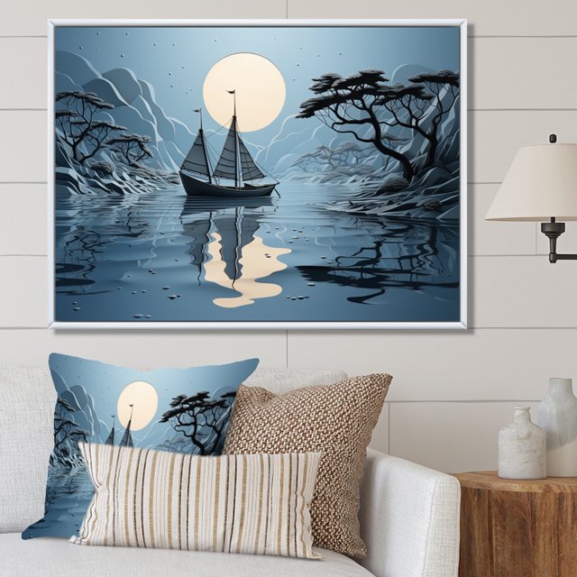 Designart Boat Oversized framed wall art decor, Boat framed wall Art, Blue Boat composition , Blue Modern White Framed Wall Art, 44x34 inches White Color Frame