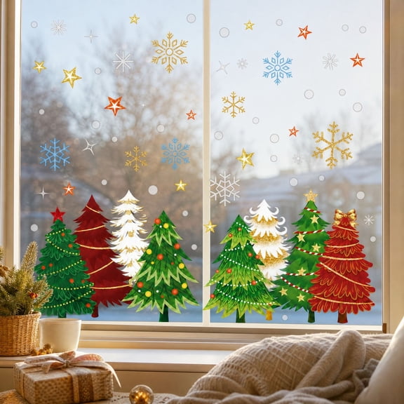 Christmas Window Clings 6pcs Set, Colorful Christmas Tree Snowflake Star and Forest Reusable Window Stickers for Glass Doors Mirrors and Windows, Festive Seasonal Window Decor, Multicolor
