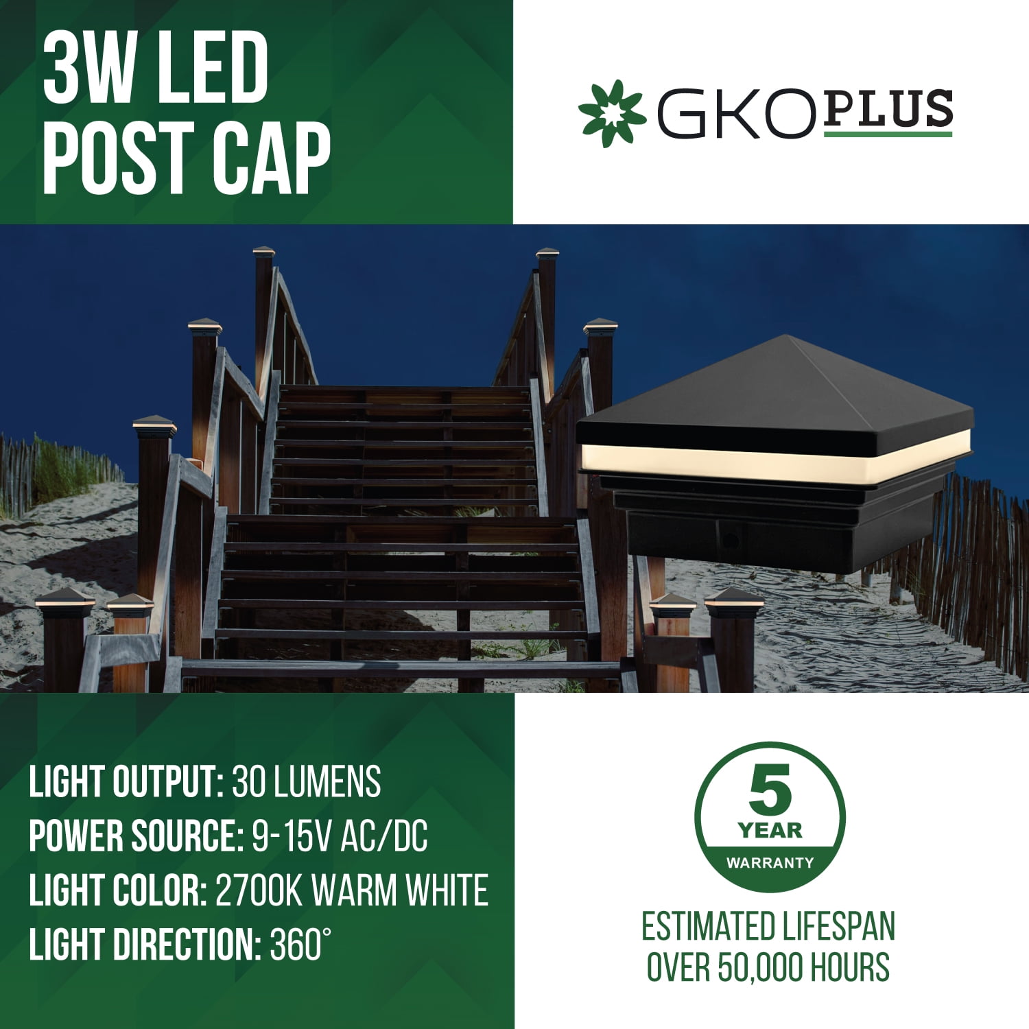 GKOplus Low Voltage Pyramid Post Cap Light, 9-15V AC/DC 3W IP65 Outdoor Deck Lighting, 2700K LED Fence Cap Light for 3.5x3.5 4x4 Wood or Vinyl Posts, Solid Die-cast Aluminum Housing, Black