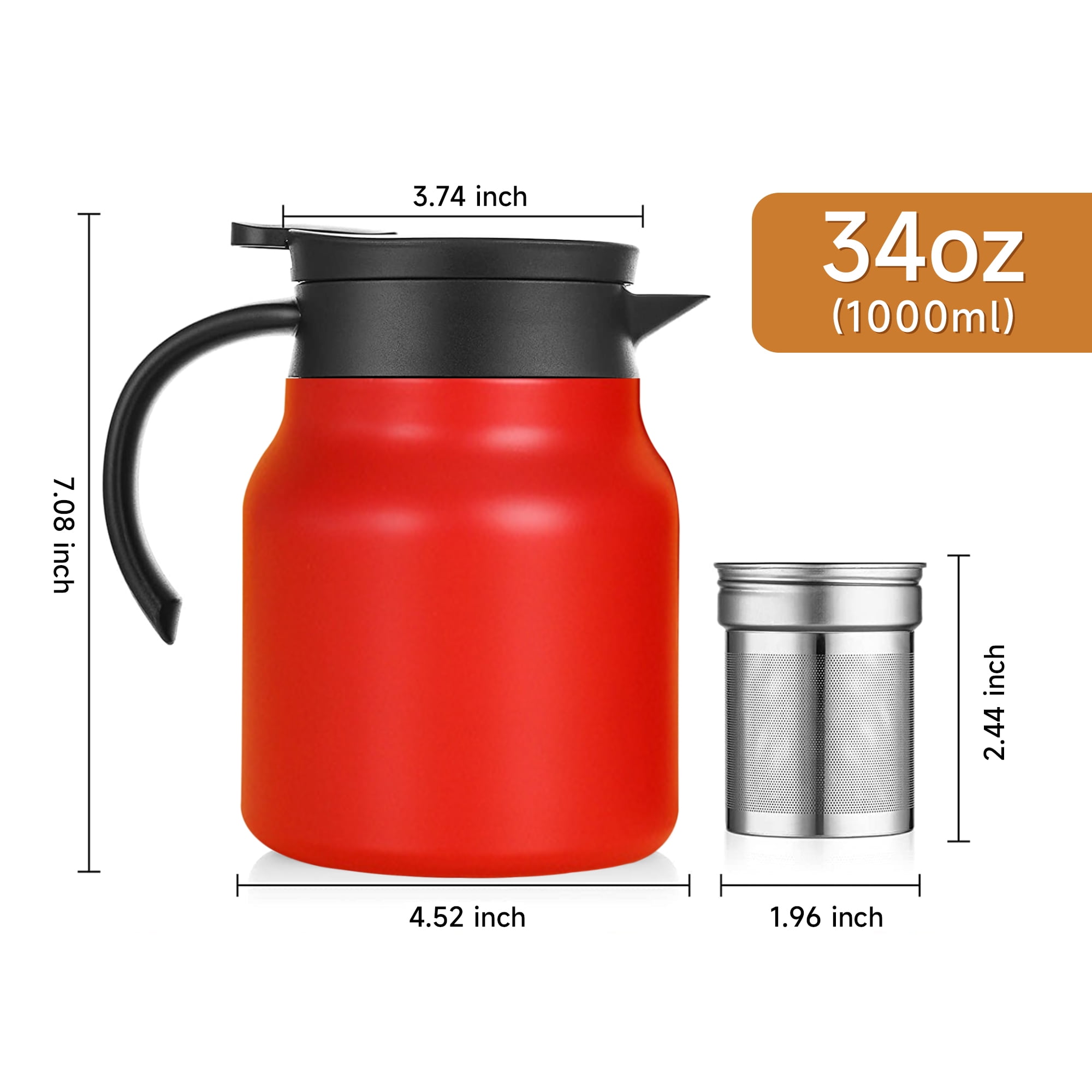 Yastant 1l(34oz) Thermal Coffee Carafe Tea Pot Stainless Steel, Double Wall Vacuum Insulated, Coffee Thermos for Coffee Milk Tea, Size: 19, Black