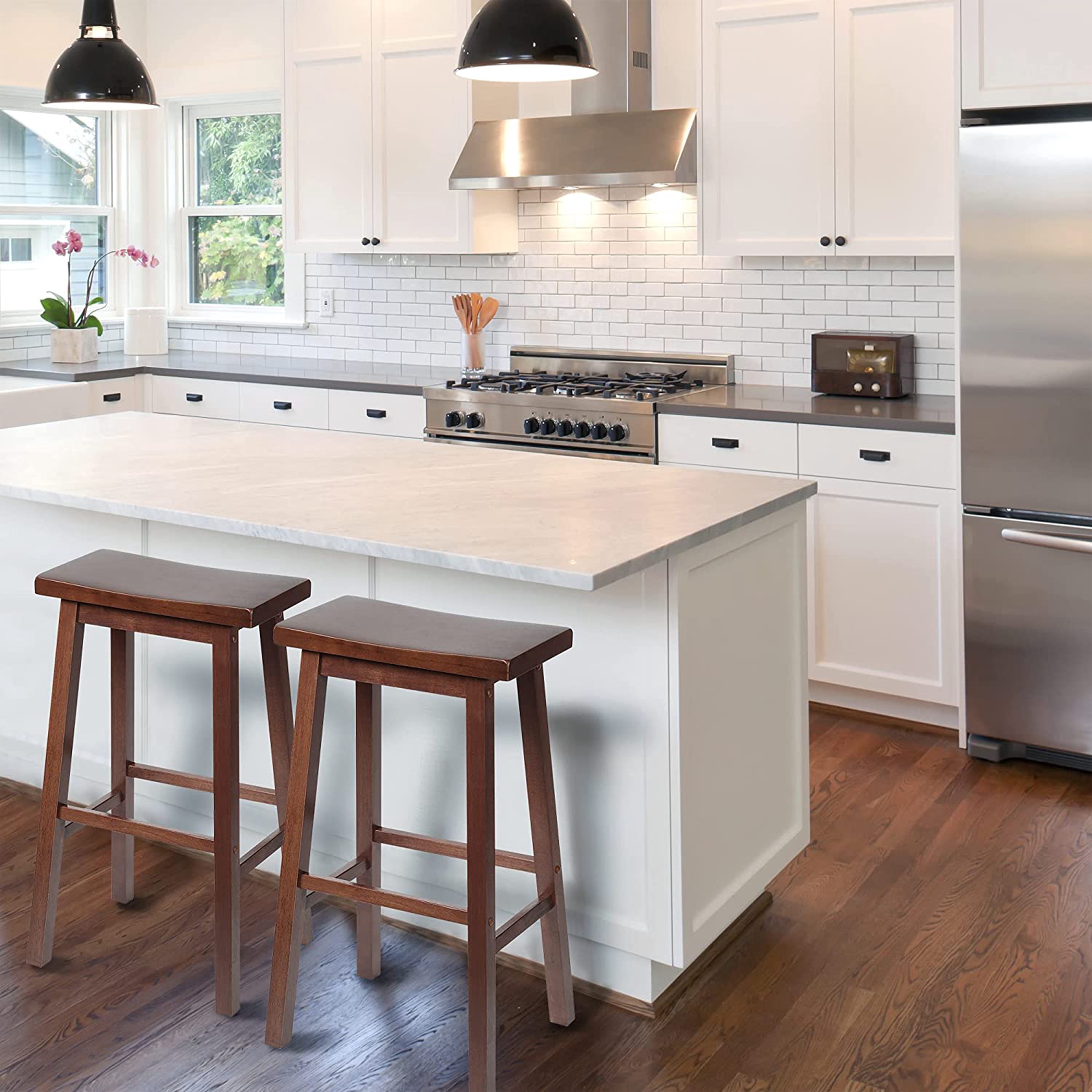 PJ Wood Saddle-Seat Barstools, Kitchen Counter, Walnut (Set of 2)