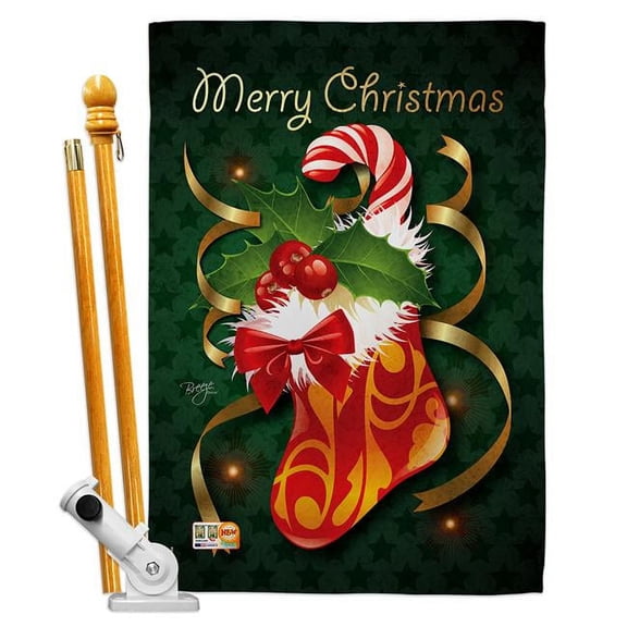 Breeze Decor BD-XM-HS-114086-IP-BO-D-US12-BD 28 x 40 in. Xmas Stocking Winter Christmas Impressions Decorative Vertical Double Sided House Flag Set with Pole Bracket & Hardware