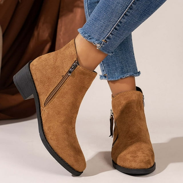 Cameland Bottines d'Hiver pour Femmes Style Britannique Tête Ronde en Daim Cuir Patchwork Talon Épais