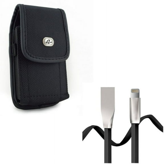 USB Cable w Case Belt Clip for iPhone 8/7/6S/6 - 6ft Flat Charger Cord Power Wire, Rugged Holster Canvas Cover Pouch for iPhone 8/7/6S/6 Models