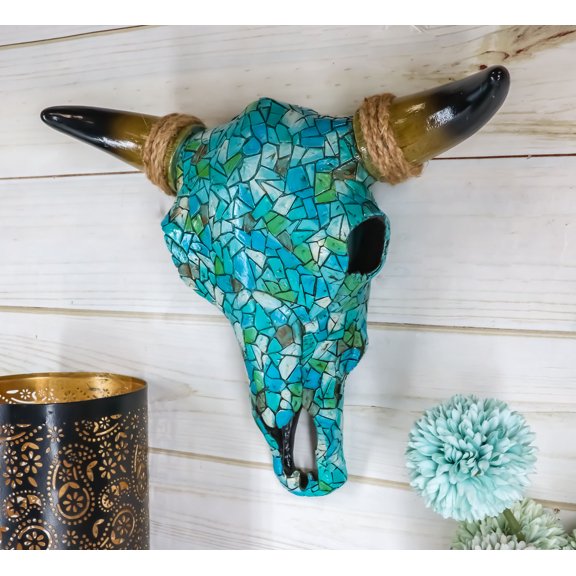 Ebros 11.5" W Turquoise Mosaic Steer Bison Bull Head W/ Horns Wall Mount Decor