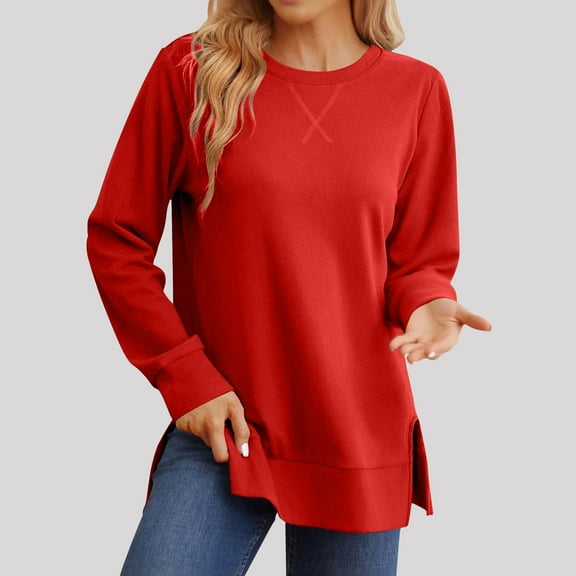 ClodeEU Womens Round Neck Long Sleeve T Shirts With Side Split ,Casual Trendy Tunic Tops Red,Womens Plus M