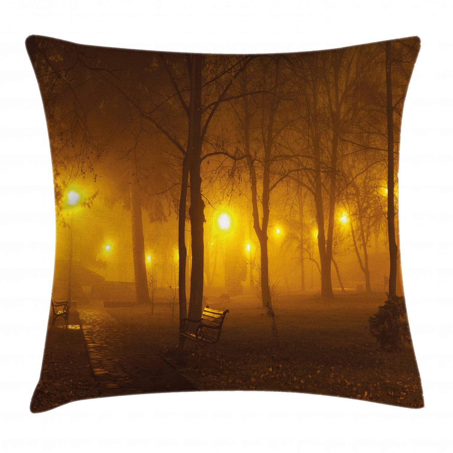 Ambesonne Tree Throw Pillow Cushion Cover Decorative Square Accent Pillow Case Orange Yellow 18 X 18 Autumnal Foggy Park Fall Nature Scenic Scenery Maple Trees Sunbeams Woods 