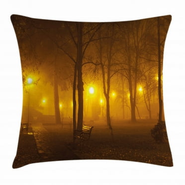 Fall Decor Throw Pillow Cushion Cover, Foggy Evening in the Park Autumn Season Nature Outdoors Misty Peaceful, Decorative Square Accent Pillow Case, 20 X 20 Inches, Marigold Caramel, by Ambesonne