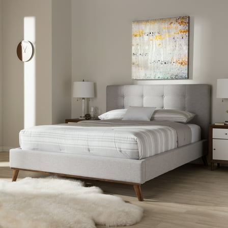 Queen Size Platform Bed - Modern Fabric Bed Frame with Wood Legs - Greyish Beige Bedroom Furniture