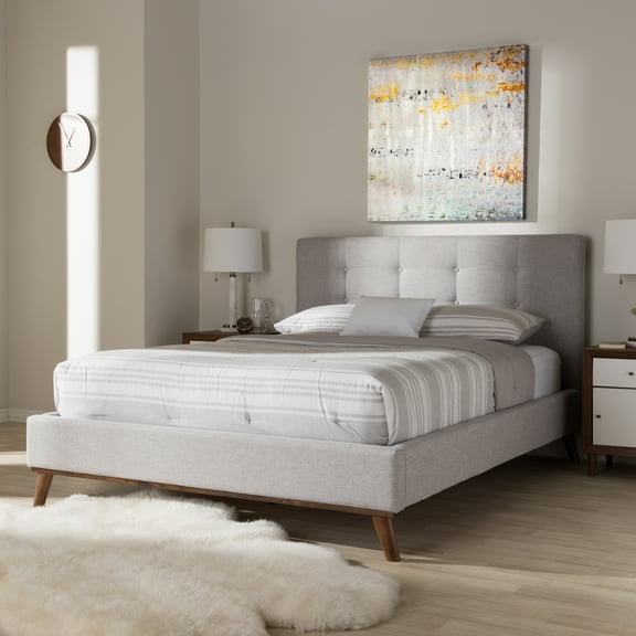 Queen Size Platform Bed - Modern Fabric Bed Frame with Wood Legs - Greyish Beige Bedroom Furniture