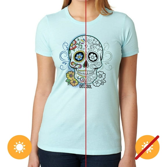 Del Sol Women's Premium Crew Tee - Day of the Dead, Ice Blue T-Shirt - Changes from White & Black to Vibrant colors in the Sun - 60% Combed, Ring-Spun Cotton, 40% Polyester Jersey