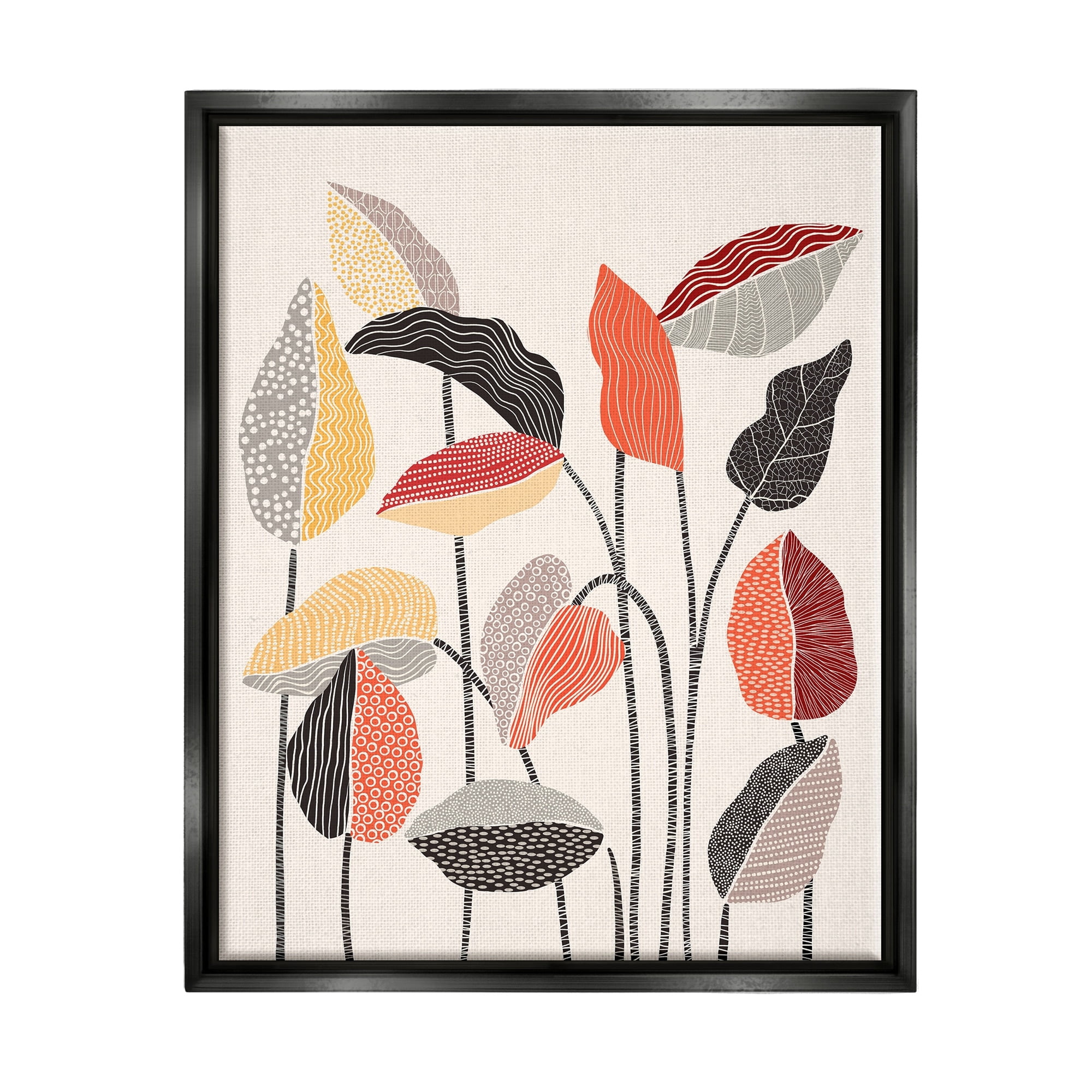Stupell Industries Modern Stripes Squiggle Pattern Flower Sprigs Botanical Motif Jet Black Framed Floating Canvas Wall Art, 16x20, by Ioana Horvat