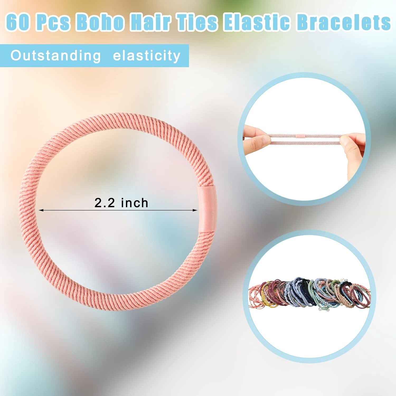 60 count Boho Hair Ties Bracelets 10 Styles Cute Bands & Bracelets for Girls with Thick and Thin Hair, No  Elastic Accessories for Girls and Women(Lovely Colors)