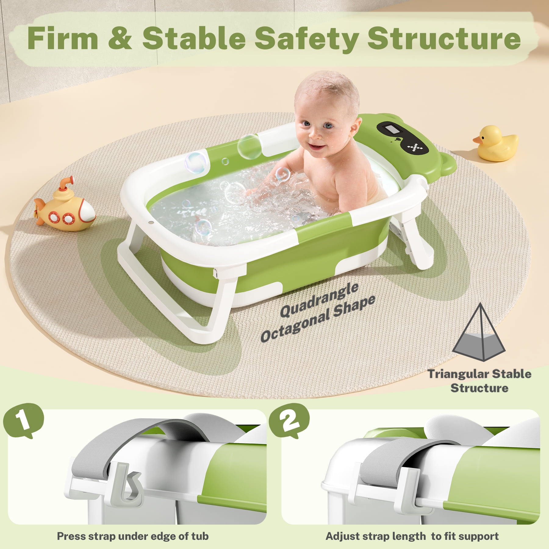 COOSEYA Baby Bathtub ,Collapsible Baby Bathtub , Bath Tub with Cushion and Thermometer ,Newborn to Toddler Portable Travel Multifunctional Bathing 0-2 Years (Bear/Green)
