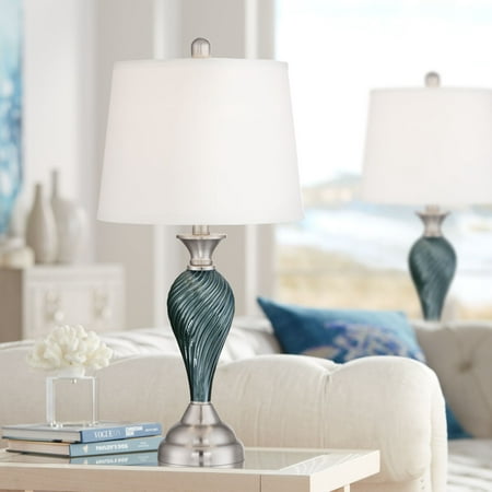 Regency Hill Modern Table Lamps Set of 2 Green Blue Glass Twist Column Steel Base Empire Shade for Living Room Family