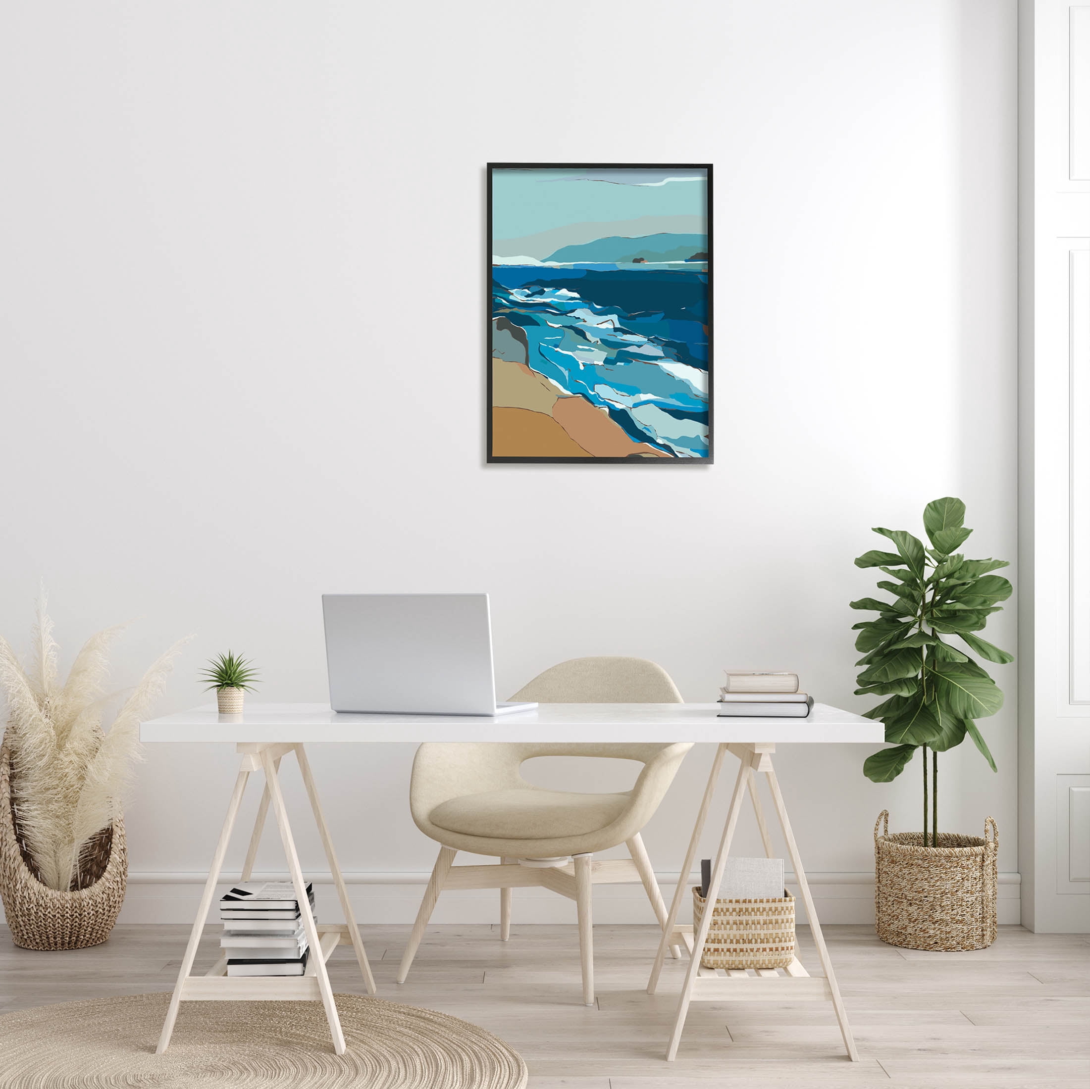 Stupell Industries Contemporary Beach Shore Waves Graphic Art Black Framed Art Print Wall Art, Design by Nikita Jariwala