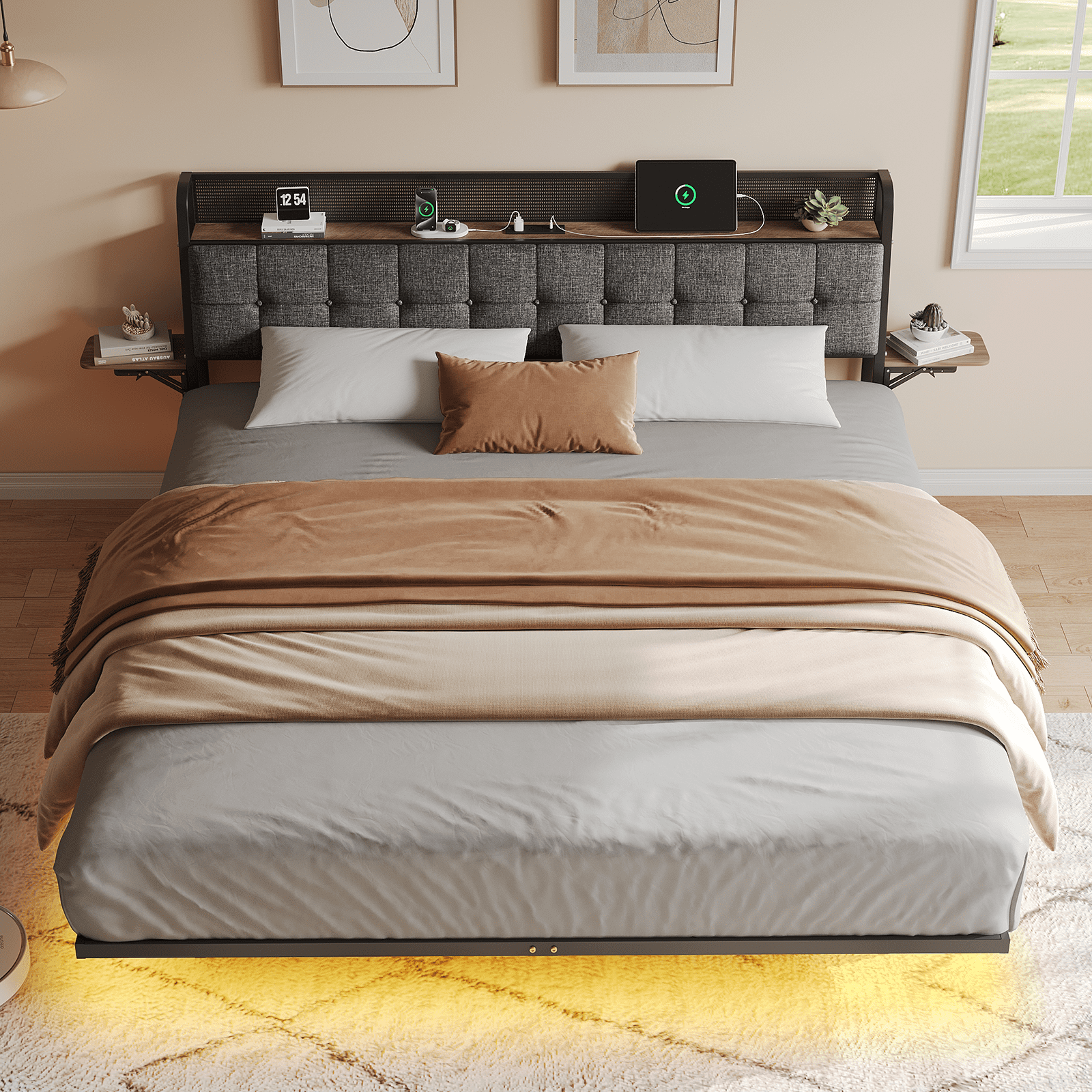 Vefurn Queen Floating Bed Frame with LED Lighting, Charging Ports, Upholstered Headboard, Black