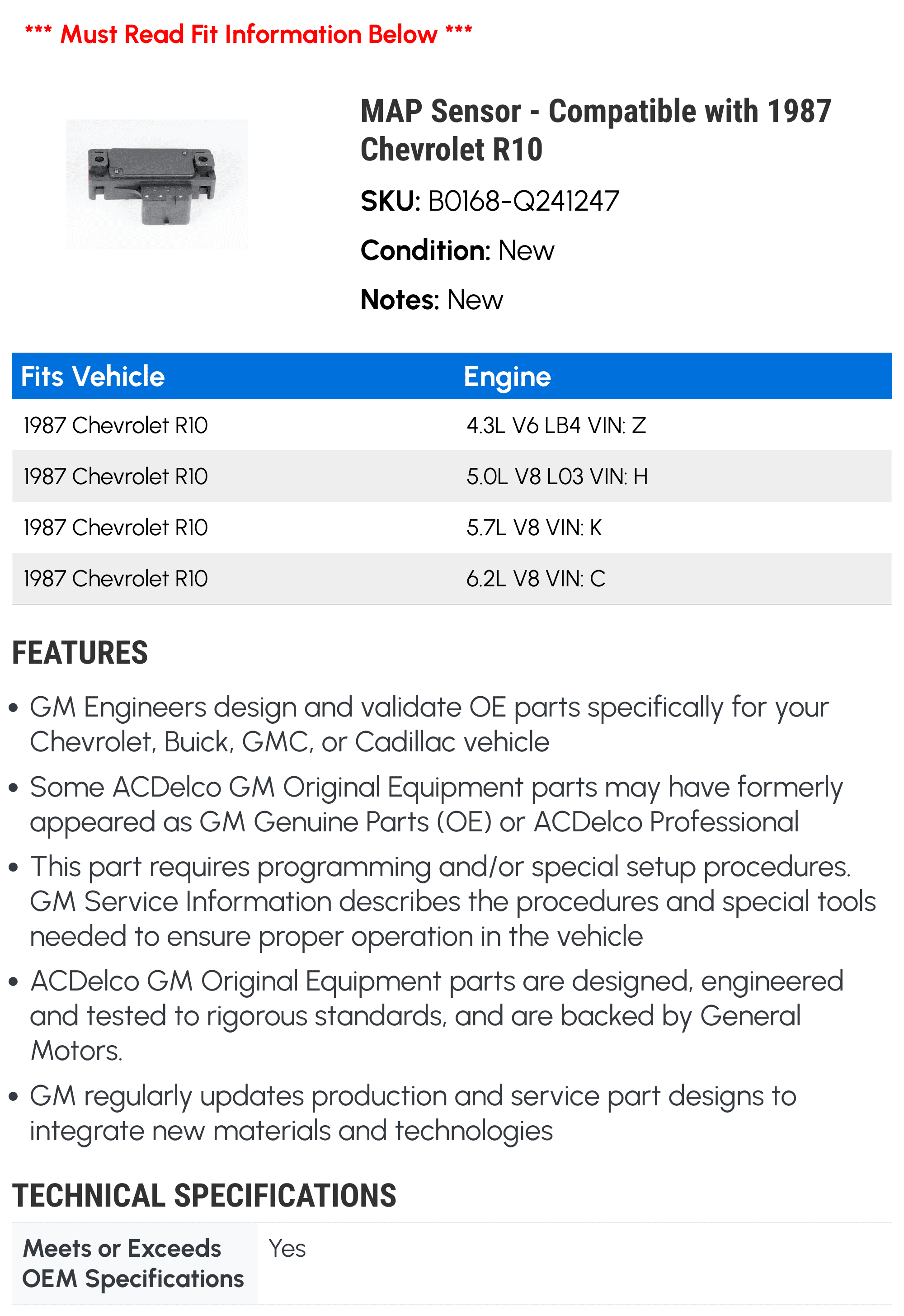 MAP Sensor - Compatible with 1987 Chevrolet R10 - AC Delco