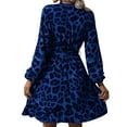 thumbnail image 3 of Dress Cheetah Ruffle Belted V Neck A Line Long Sleeve Elegant Casual Streetwear Dress Royal Blue L, 3 of 7