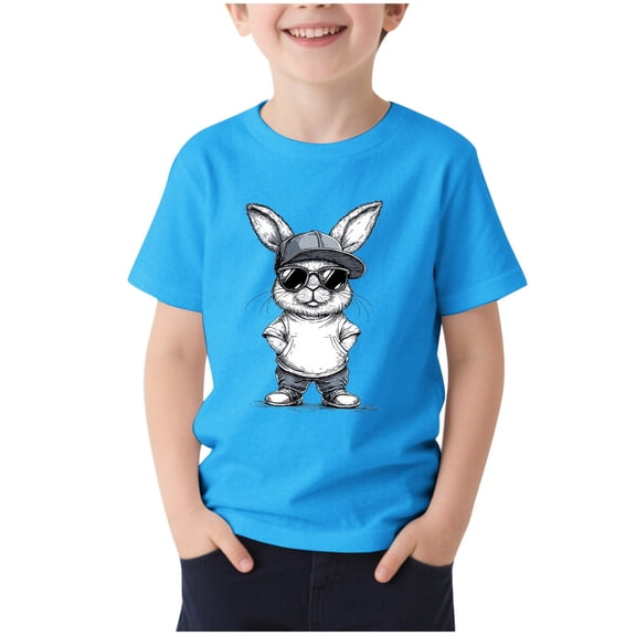 Bunny Print Loose Short Sleeve T-Shirt for Kids, Round Neck Casual Top for 2-13 Years