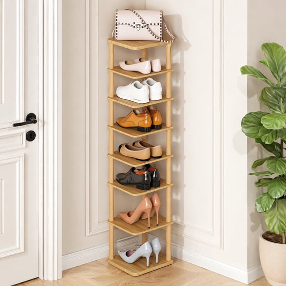 8 Tiers Freestanding Vertical Narrow Wooden Shoe Rack Natural, Storage Organizer for Entryway Closet Dorm Small Spaces