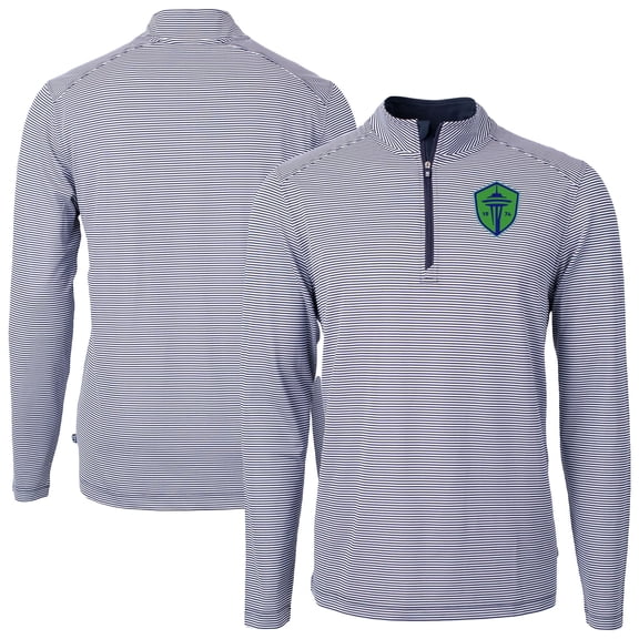 Men's-Cutter & Buck  Navy Seattle Sounders FC Big & Tall Virtue Eco Pique Micro Stripe Recycled Quarter-Zip